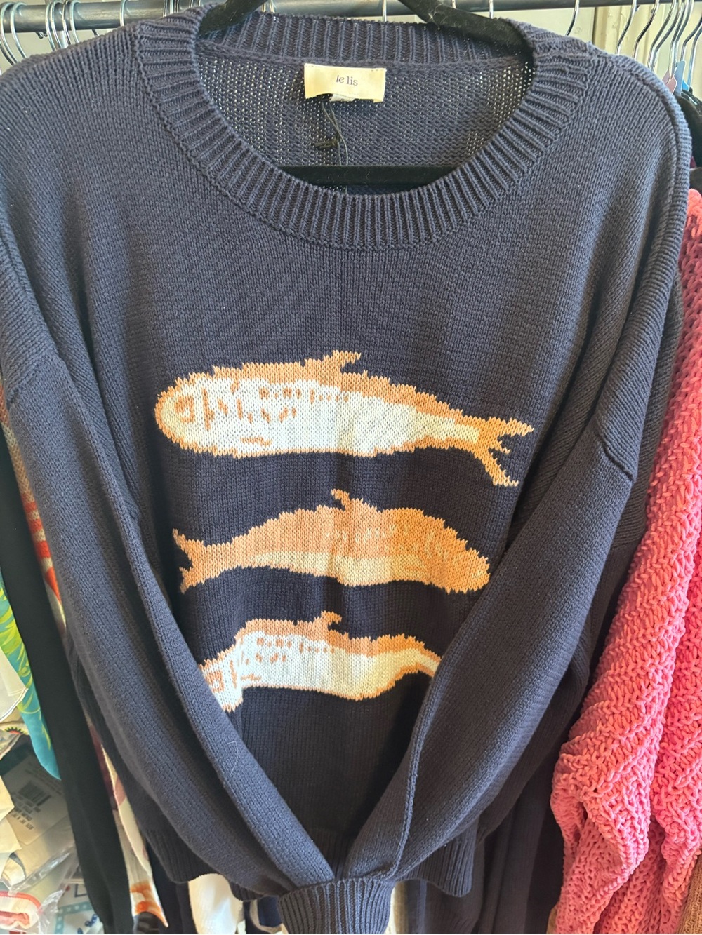 Le Lis Navy Crewneck Sweater with Orange Fish Knit Medium
